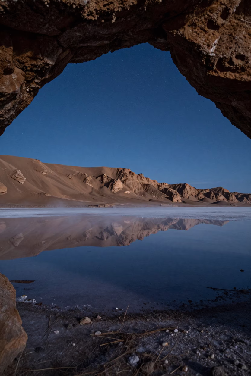 Starlit Reflection on Flooded Salt Flat in beneath a wind-cut desert escarpment in the Russian Far East