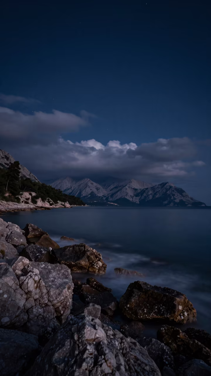 Starlit Sea of Clouds Over Dalmatian Shore in along a wave-cut shoreline in Dalmatia