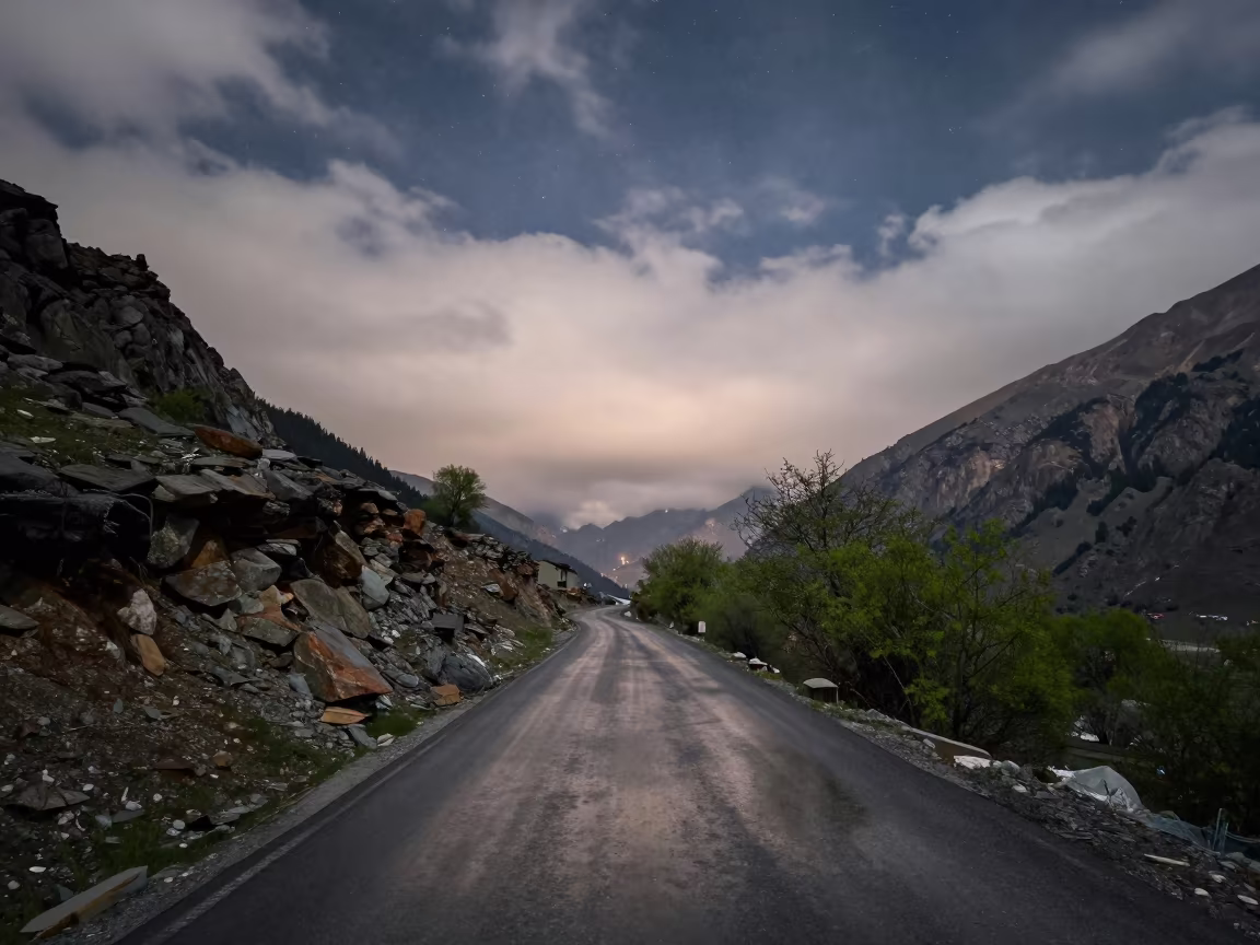 Starry Dawn Reflections Over Winding Kashmir Mountain Road in in Kashmir