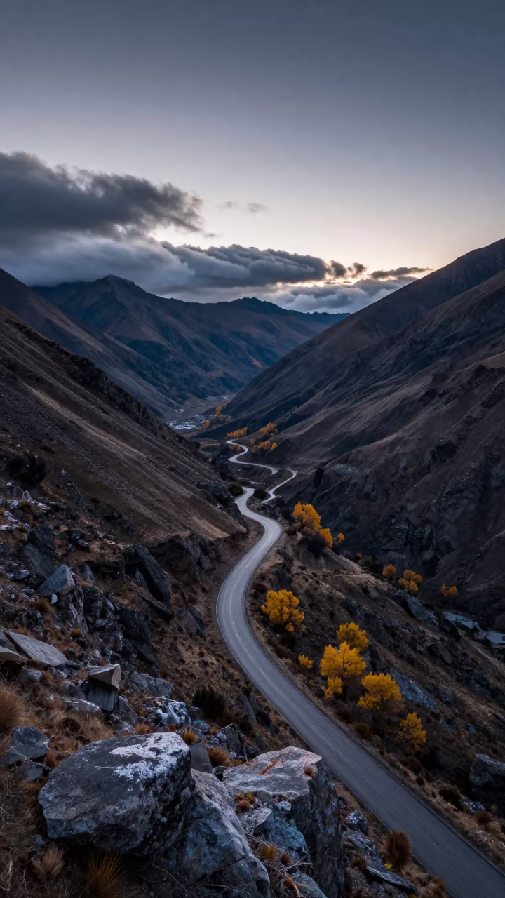 Starry Dawn Over Winding Road Peru Valley in across a wide valley floor in Peru