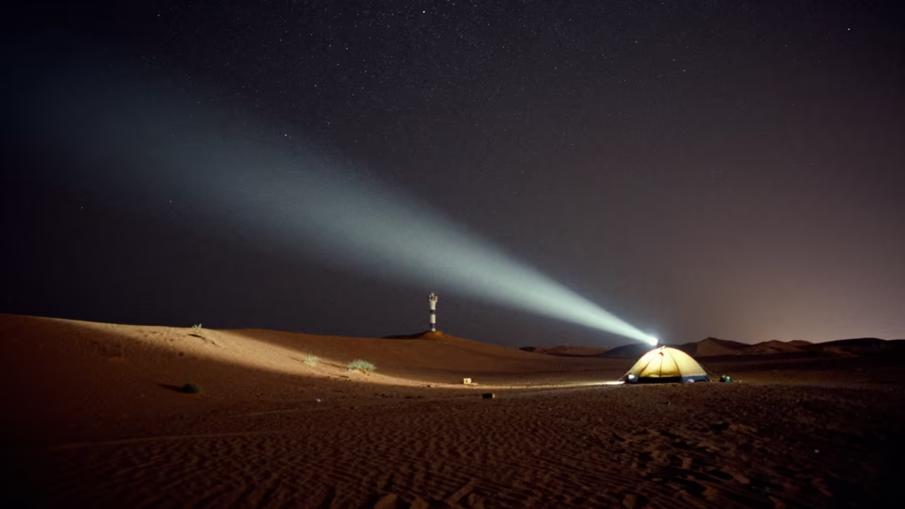Starry Desert Campsite Under Predawn Sweep in beneath a wind-cut desert escarpment near Abu Dhabi
