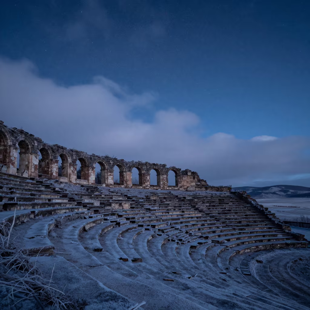 Starry Night Over Ancient Amphitheater Ruins in from a frost-hushed ridgeline in the Russian Far East