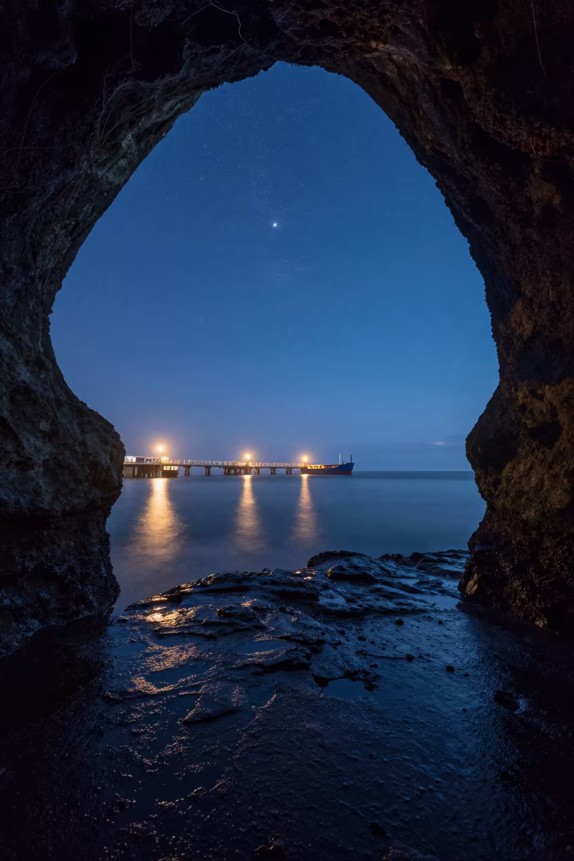Starry Night Sky Above Indonesian Sea Cave Harbor in beside a lantern-dotted harbor in Indonesia