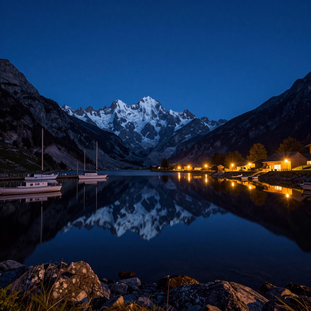 Starry Night Sky Reflected in Chamonix Mountain Lake in beside a lantern-dotted harbor near Chamonix