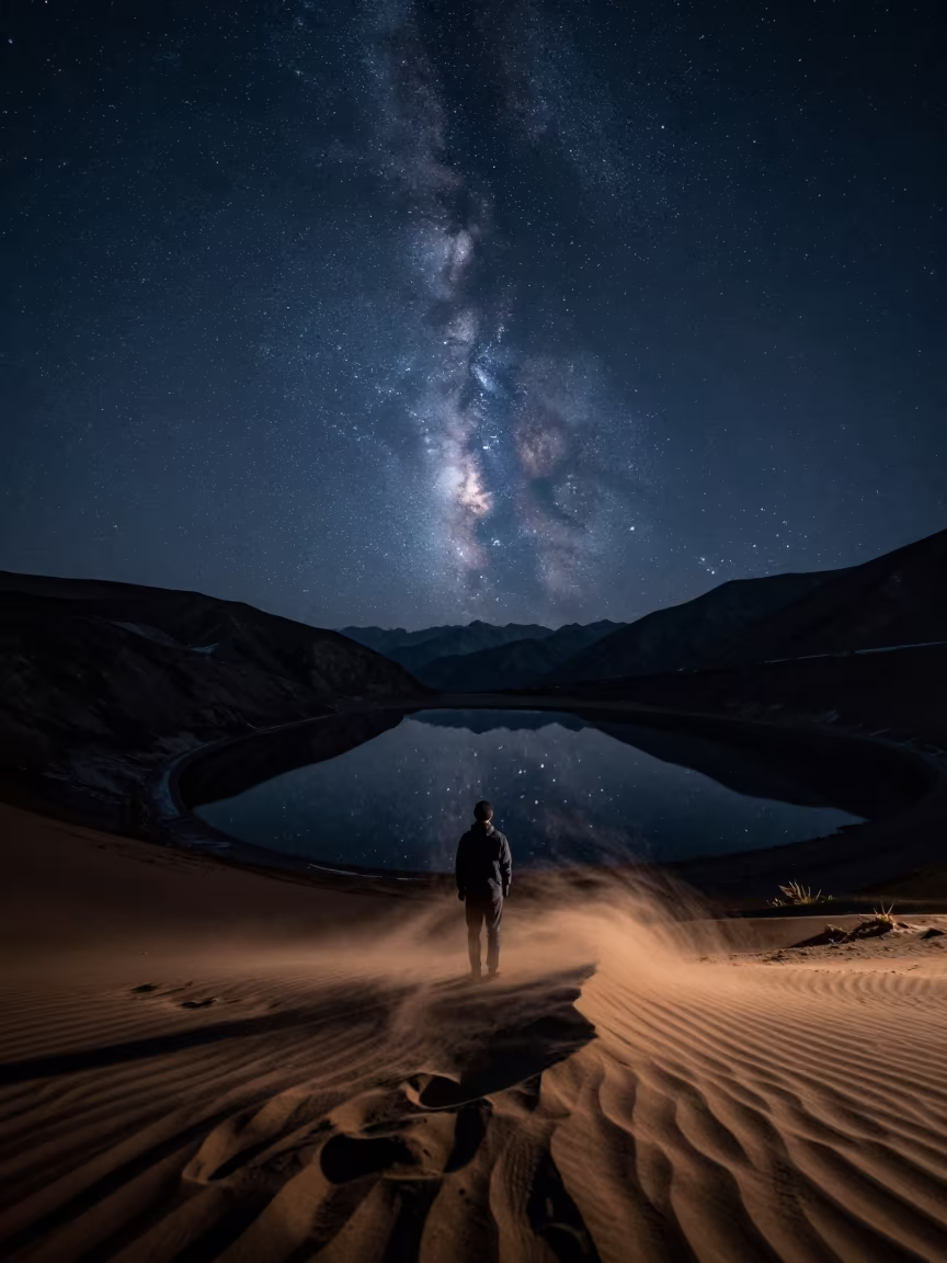 Starry Night Sky Reflected in Desert Mountain Tarn in from a dune-backed overlook in clear desert air near Almaty
