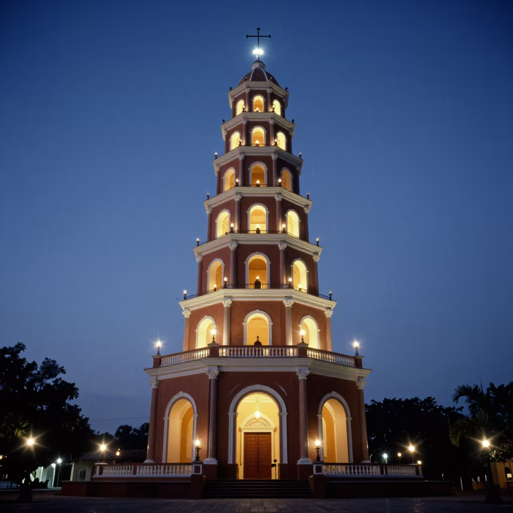 Starry Pagoda Floodlit Over Candlelit Nave in inside a candlelit nave in Carúpano
