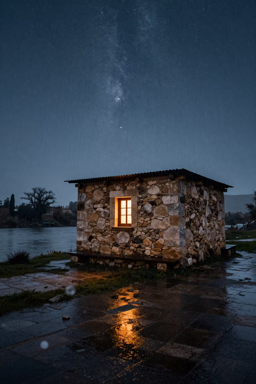 Starry Predawn Sky Over Shepherd Hut by Winter River in by a riverbank near Tébessa