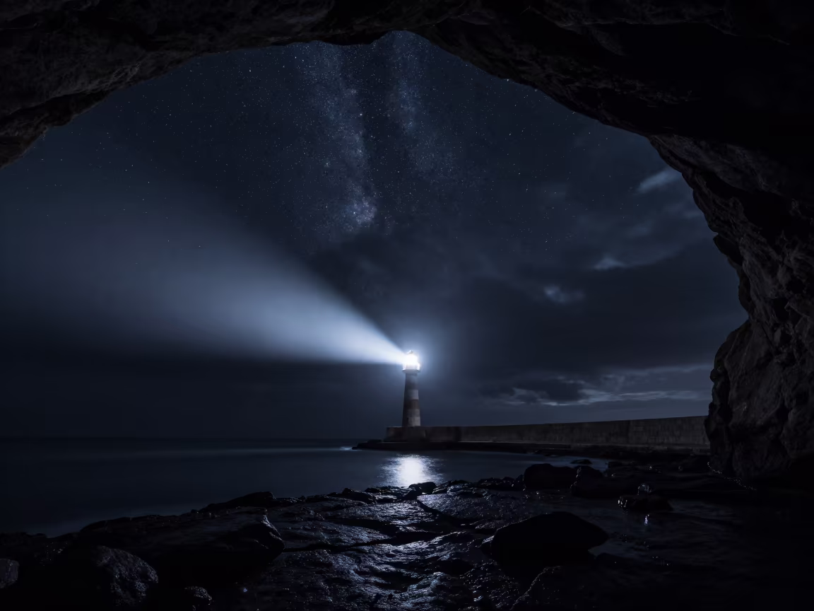 Starry Sea Cave Night Marseille Surreal in along a dark shoreline with tidal glow near Marseille