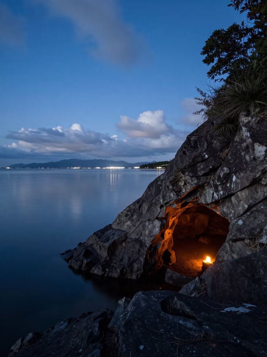 Starry Sea Cave Twilight Osaka Reflections in under a band of cold starlight near Tsuruhashi, Osaka