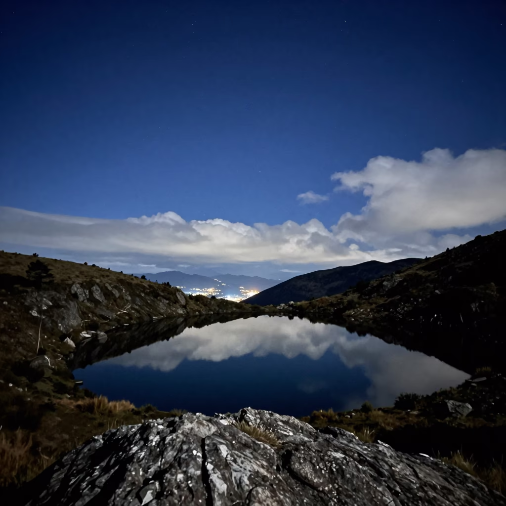 Starry Sky Reflected in Colombian Alpine Tarn in from a quiet alpine saddle in Colombia