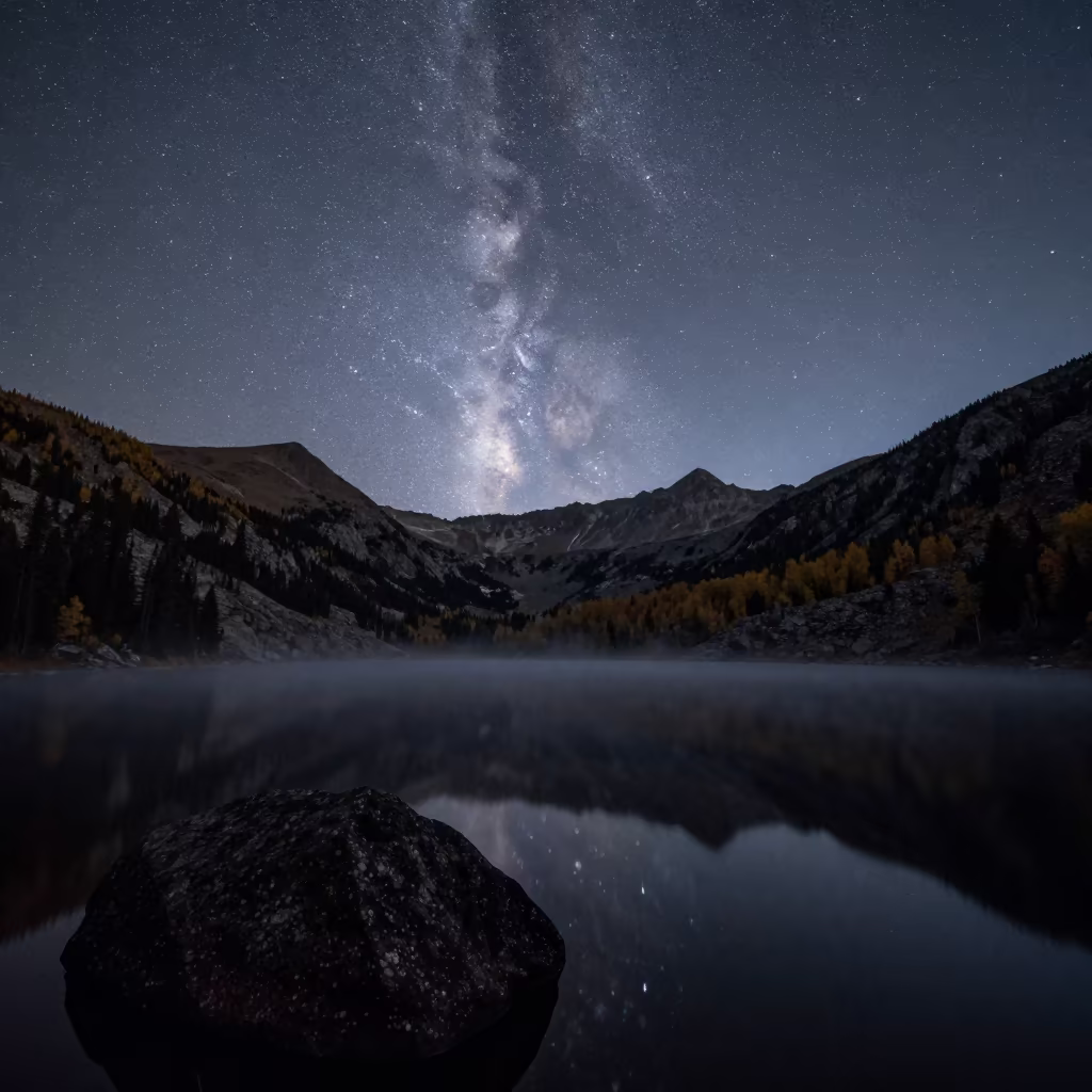 Starry Sky Reflected in Colorado Mountain Tarn Mist in under the clearest stretch of sky in Colorado