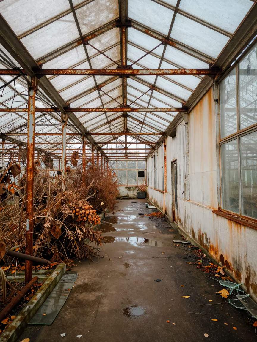 Starry Sky Through Ribs of Lubeck Greenhouse in inside a humid greenhouse aisle in Lubeck