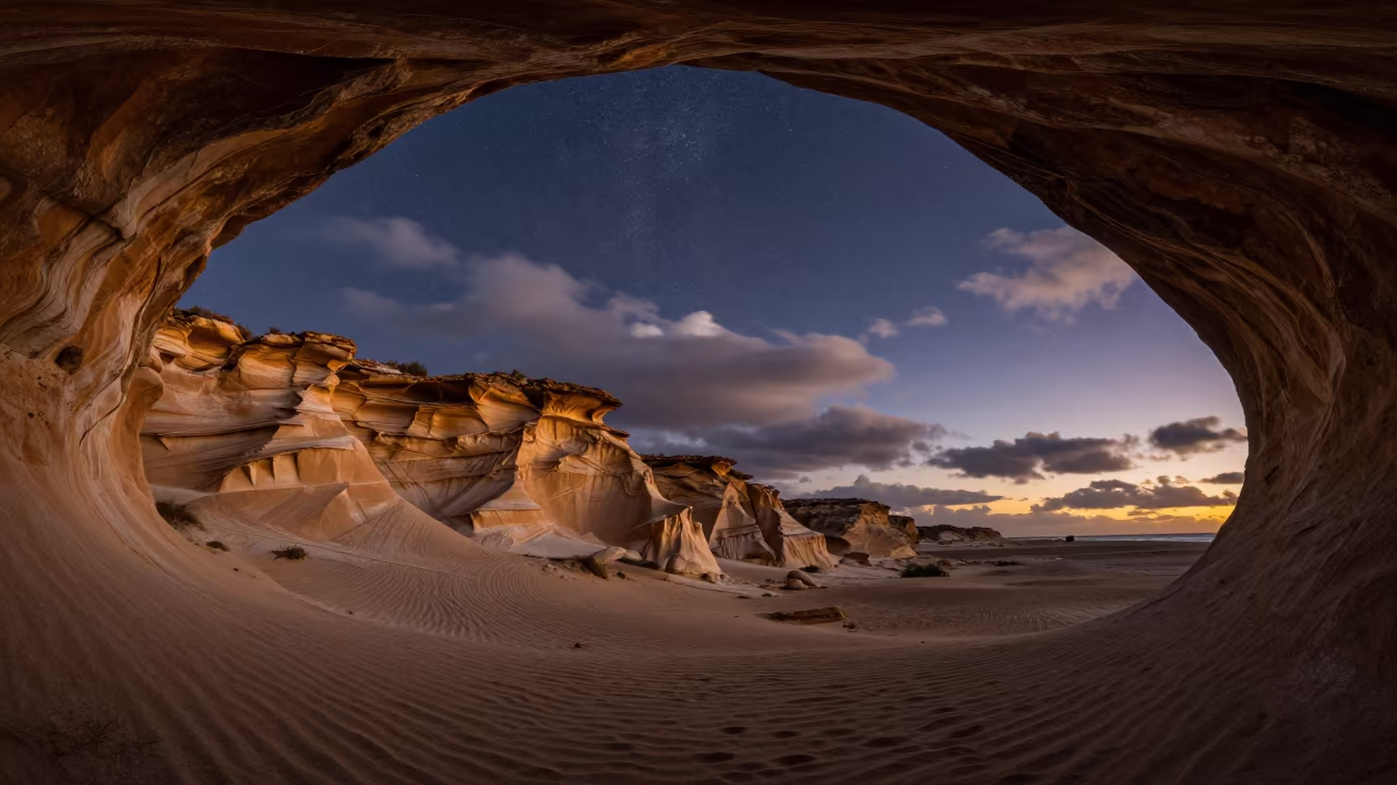 Starry Sky Through Sea Cave Mouth Florida in beneath a wind-cut desert escarpment in Florida