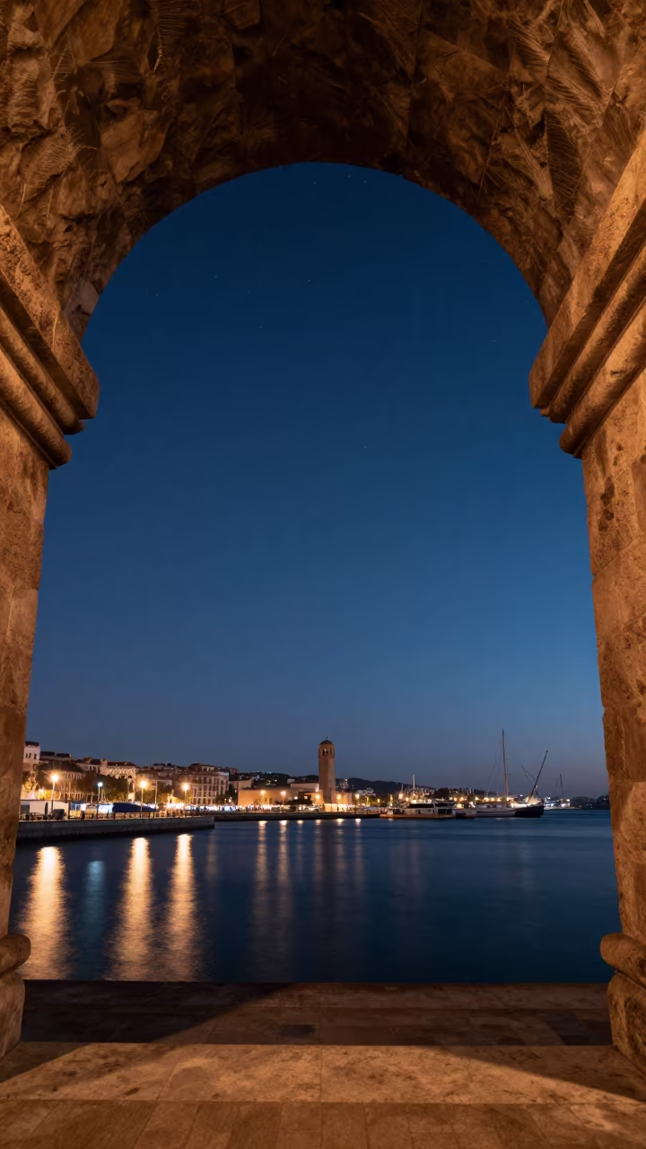 Starry Sky Through Sea Cave Mouth at Winter Dusk in beside a lantern-dotted harbor near Eixample, Barcelona