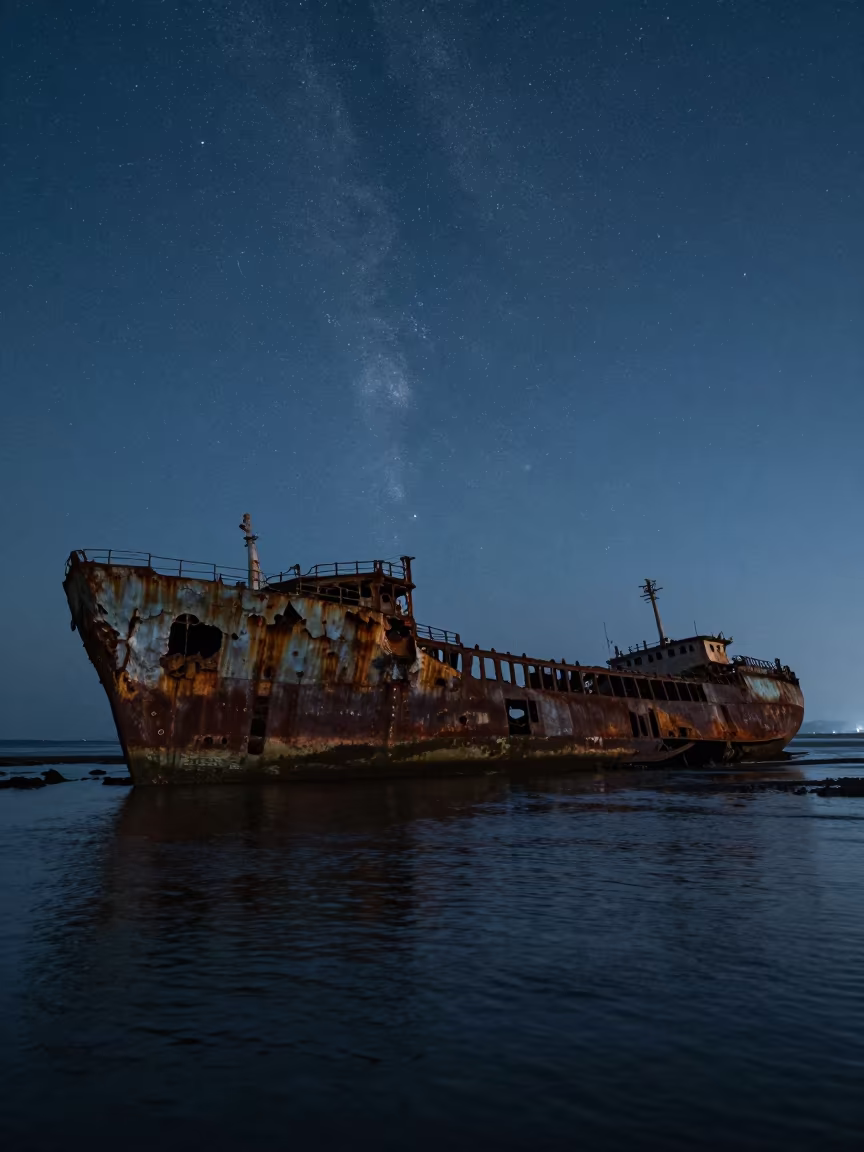 Starry Sky Through Shipwreck Ribs at Naha Inlet in beside a tidal inlet near Naha