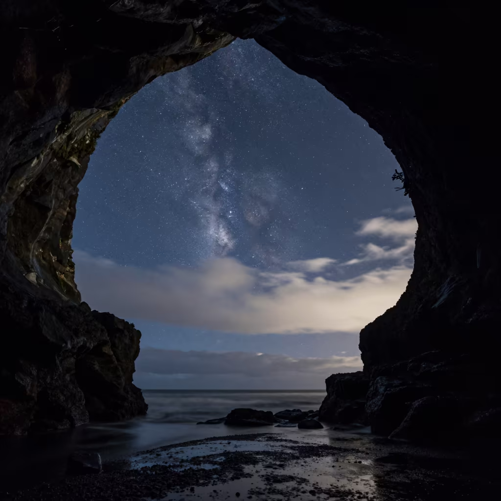 Starry Sky Through Sea Cave Mouth Auckland in beneath thin cloud gaps and stars near Auckland