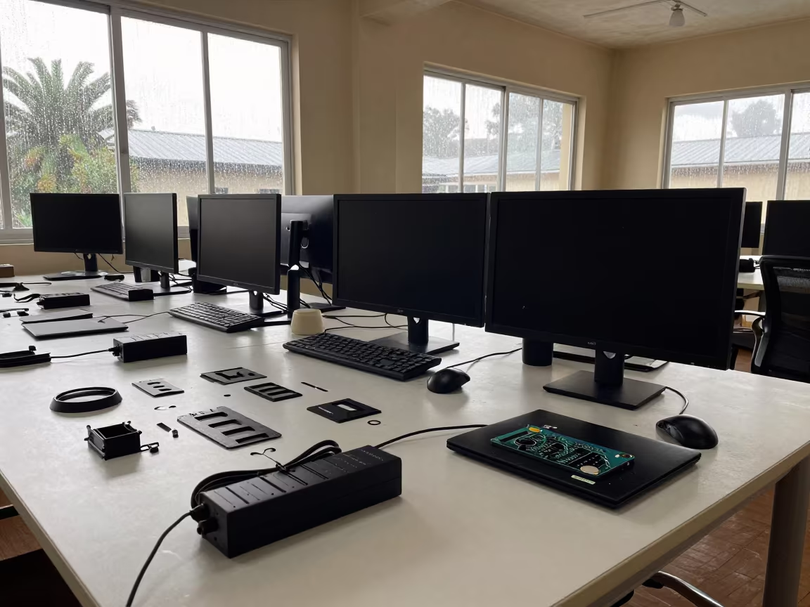 Startup Prototype Workspace in Singida Office in in an operations center under monitor glow in Singida