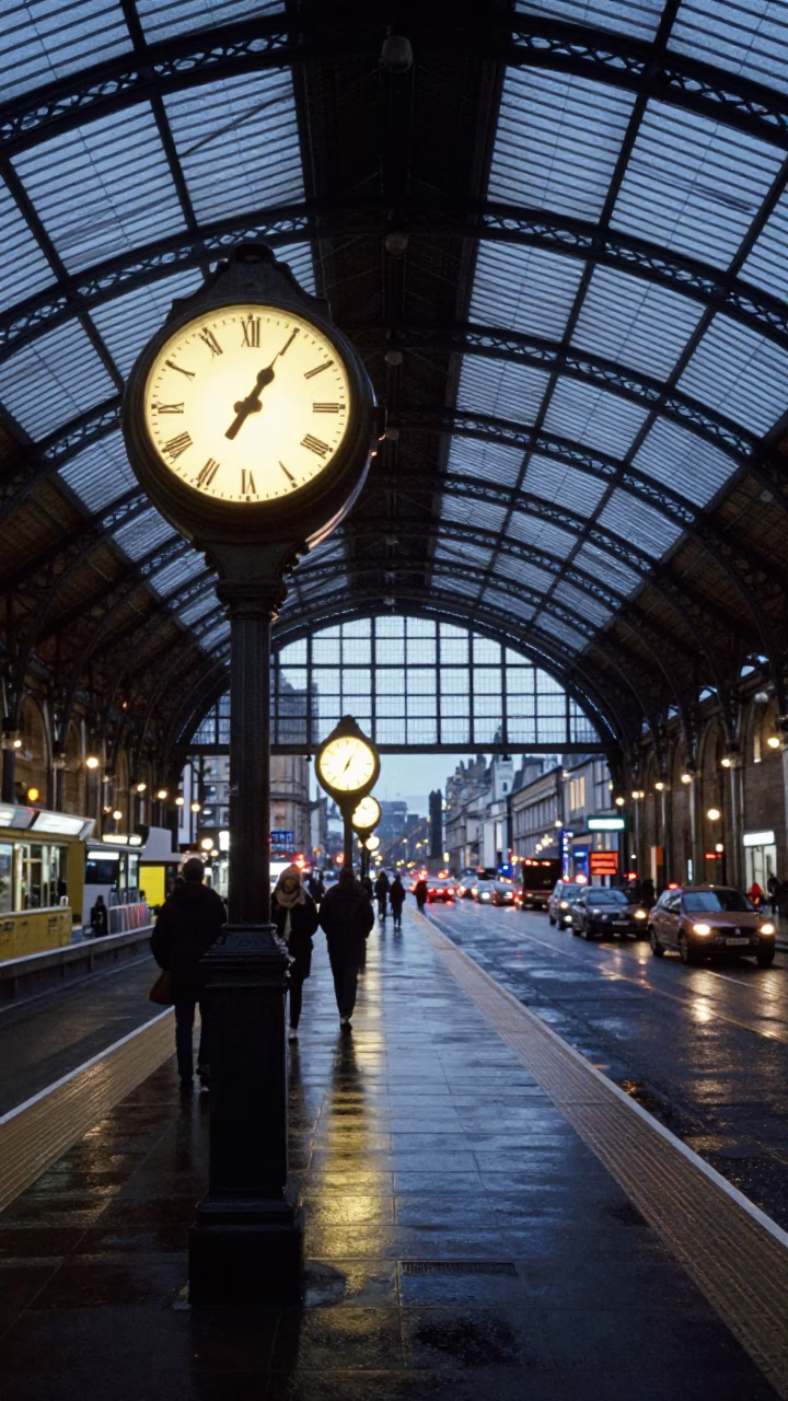 Station Clock in Edinburgh at As City Lights Begin To Glow in in Edinburgh, United Kingdom