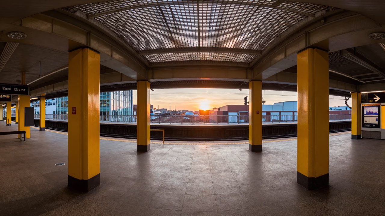 Station Interior in Montreal at As The Sun Drops Toward The Horizon in in Montreal, Quebec, Canada