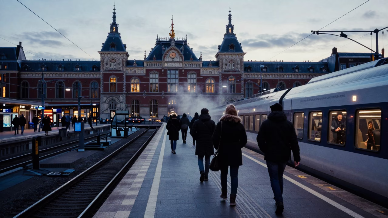 Station Platform in Amsterdam at Nautical Dawn Light in in Amsterdam, Netherlands