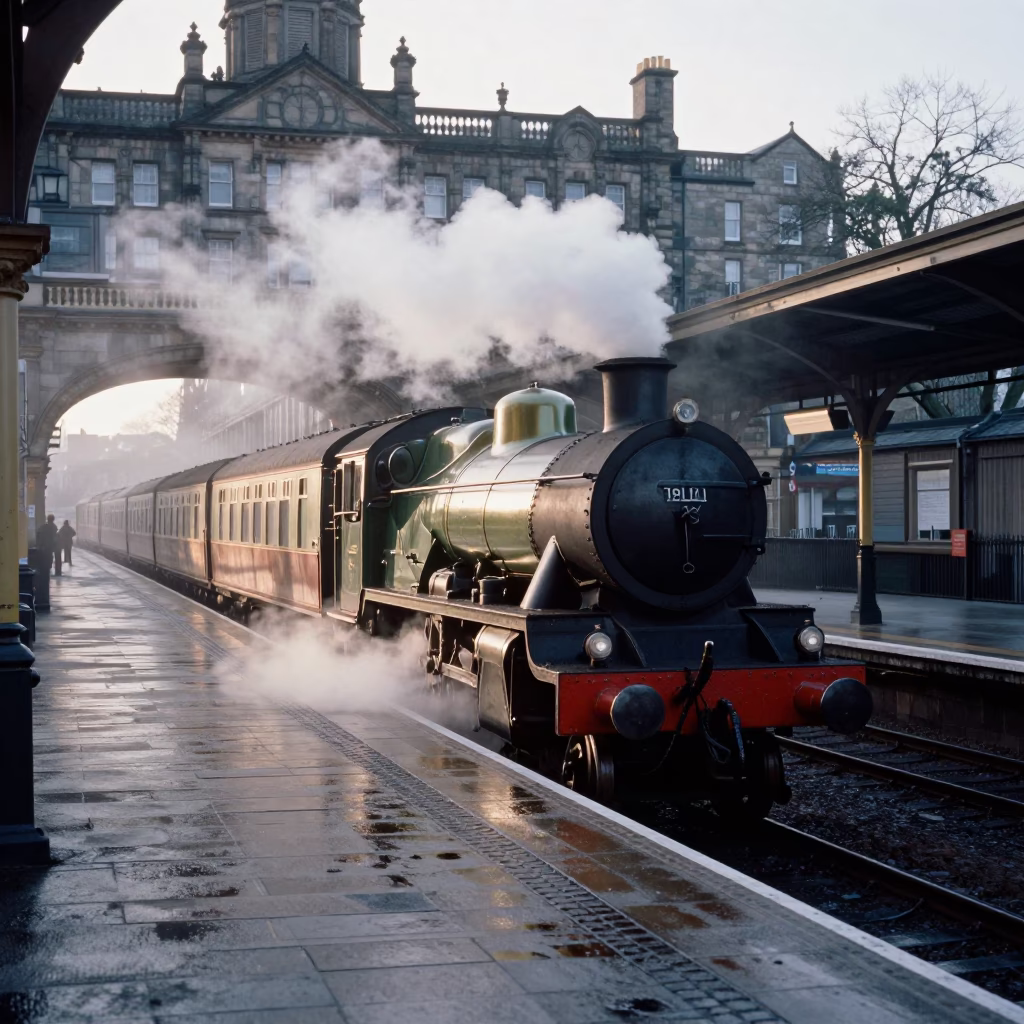 Station Platform in Edinburgh at Sunrise Light in in Edinburgh, United Kingdom