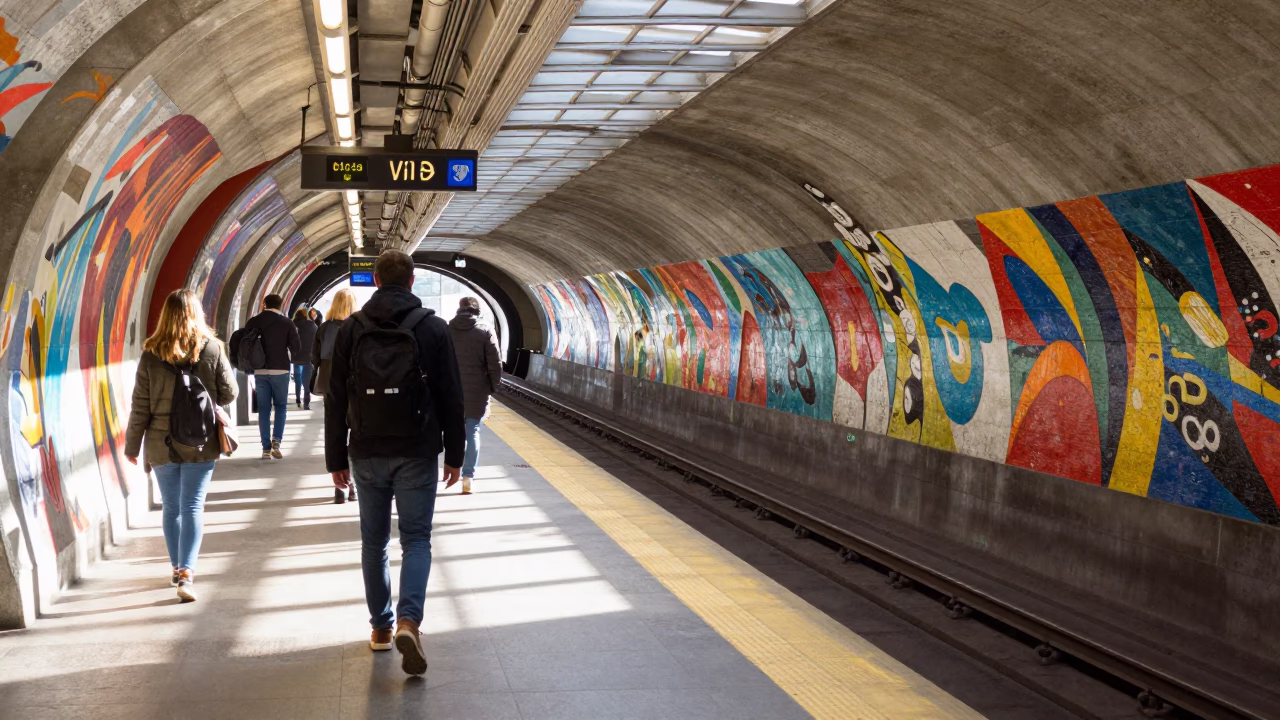 Station Platform in Montreal at Bright Midmorning Light in in Montreal, Quebec, Canada