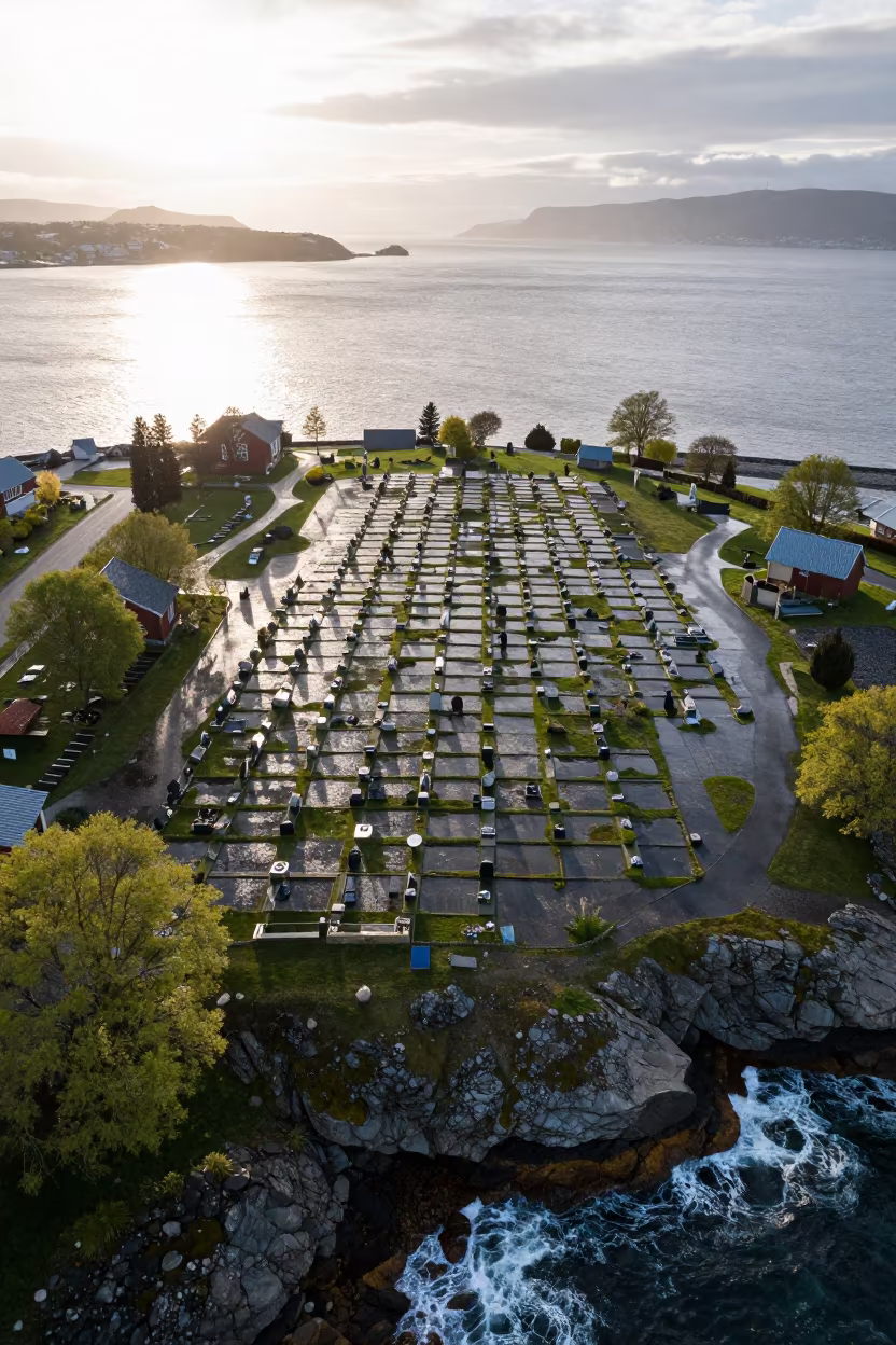 Stavanger Cemetery Aerial View After Rain Sunrise in far above surf-scalloped coastline near Stavanger