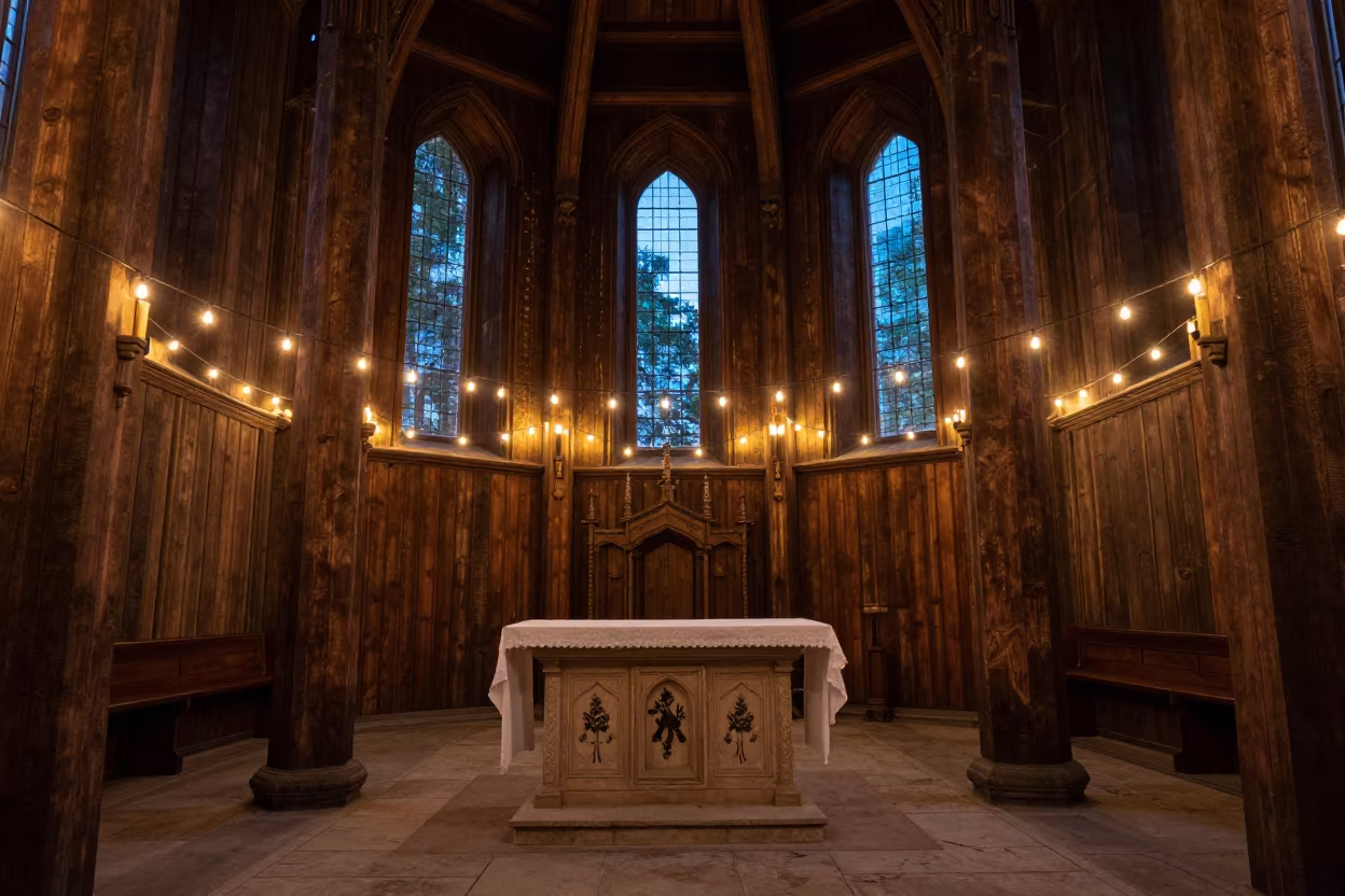 Stave Church Interior Blue Hour Glow in at the foot of a stone altar in Nasiriyah