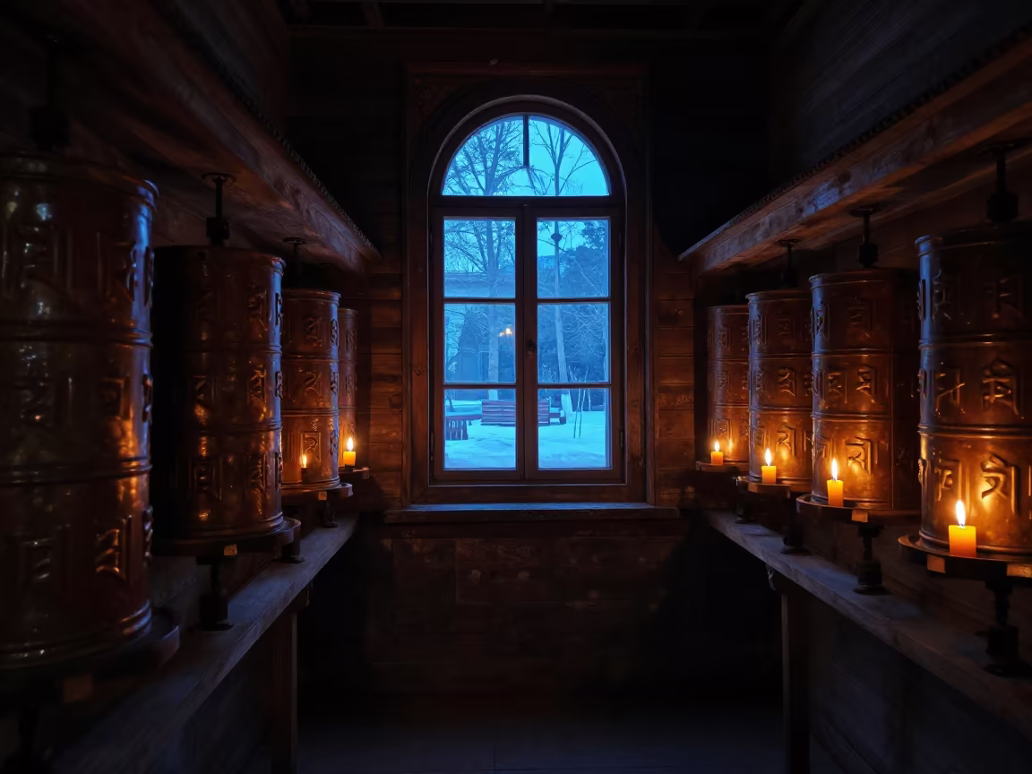 Stave Church Prayer Wheel Corridor Winter in beside a prayer wheel corridor in Lanzhou