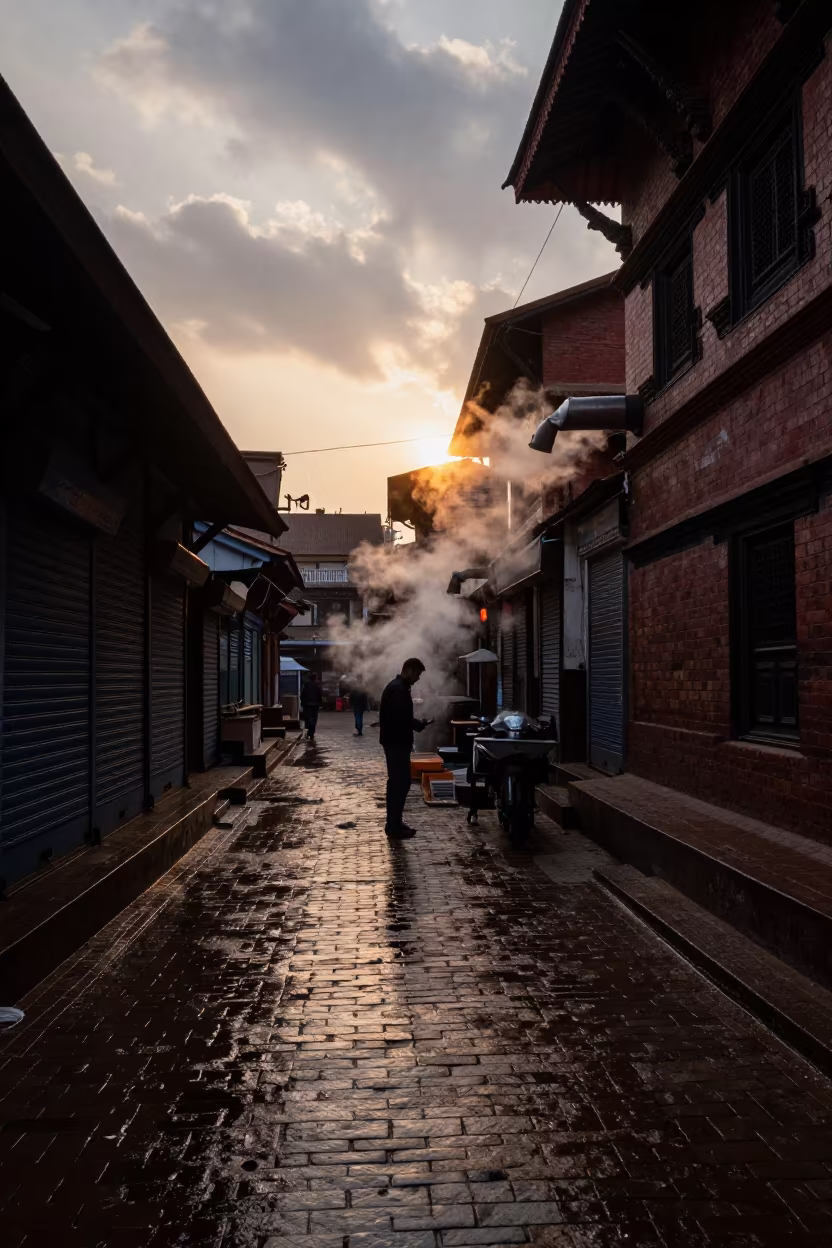 Steam Rising from Alley Exhaust at Sunset in along a shuttered arcade in Lalitpur