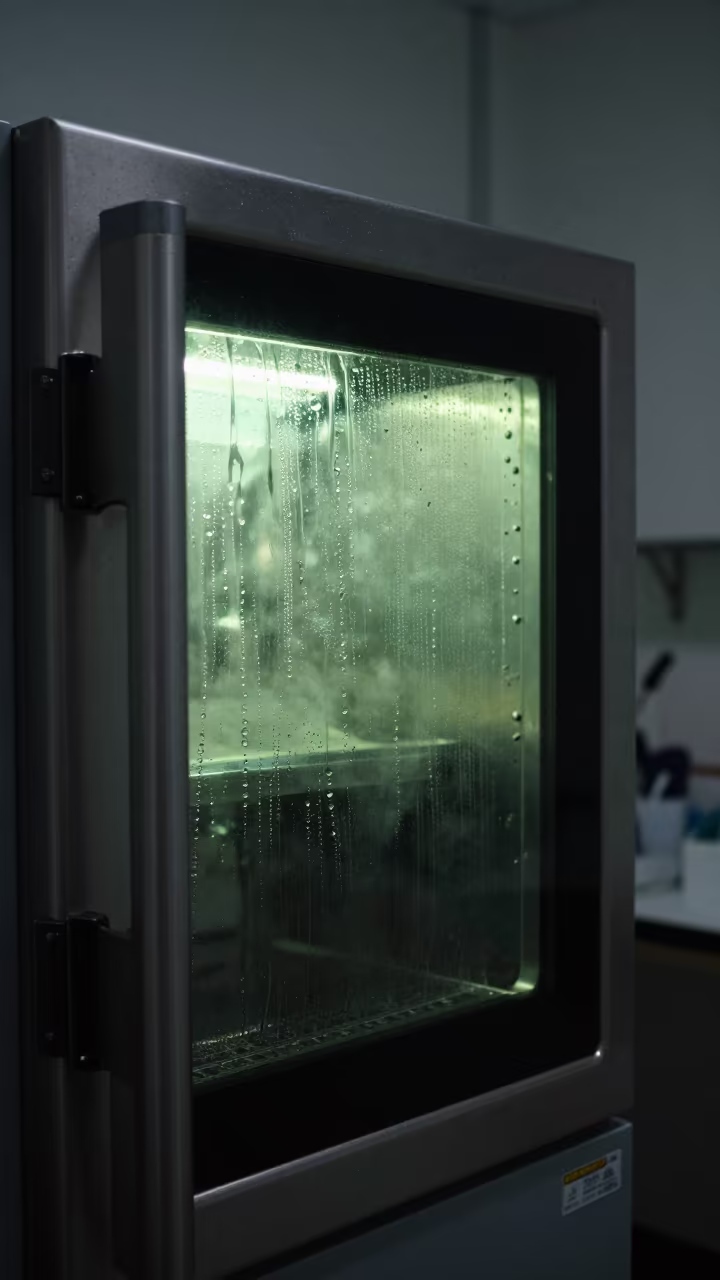 Steam Beads on Autoclave Door in Brighton Lab in in a fossil prep lab in Brighton and Hove