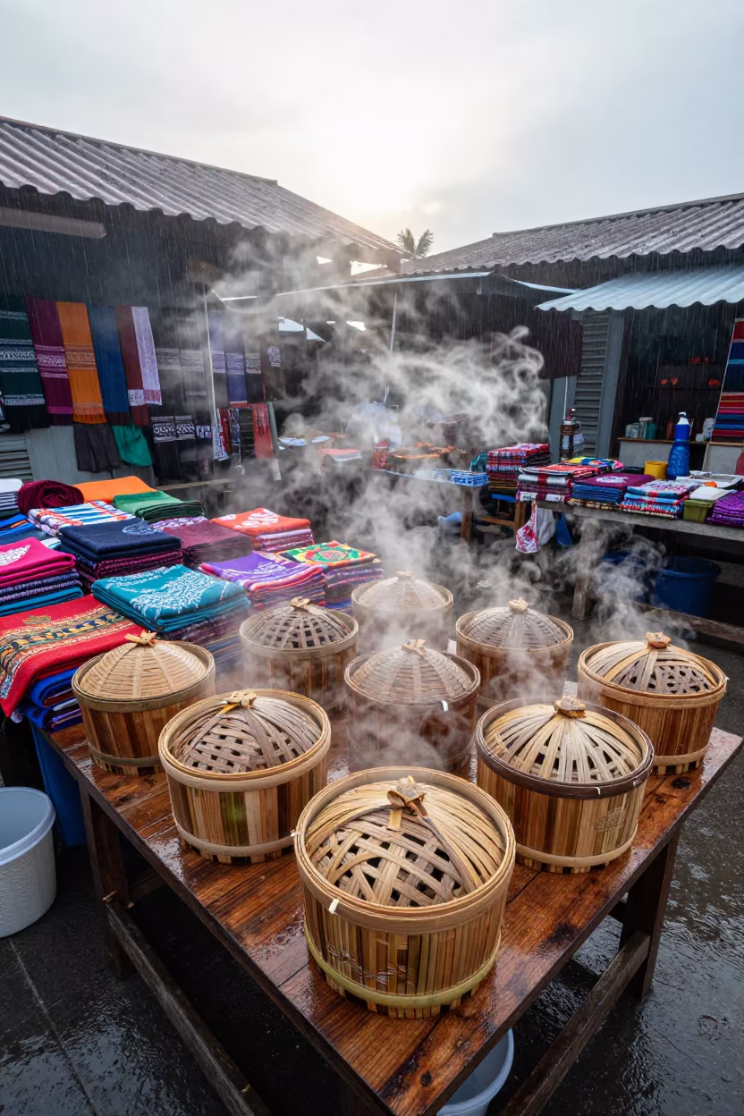 Steam rises over bamboo tea baskets in Bazurto Market in at a textile trader's stall in Bazurto Market, Cartagena