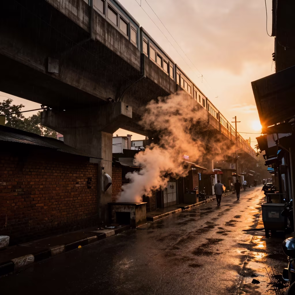 Steam Rising From Basement Vent Under Elevated Train in under an elevated train line in Lucknow