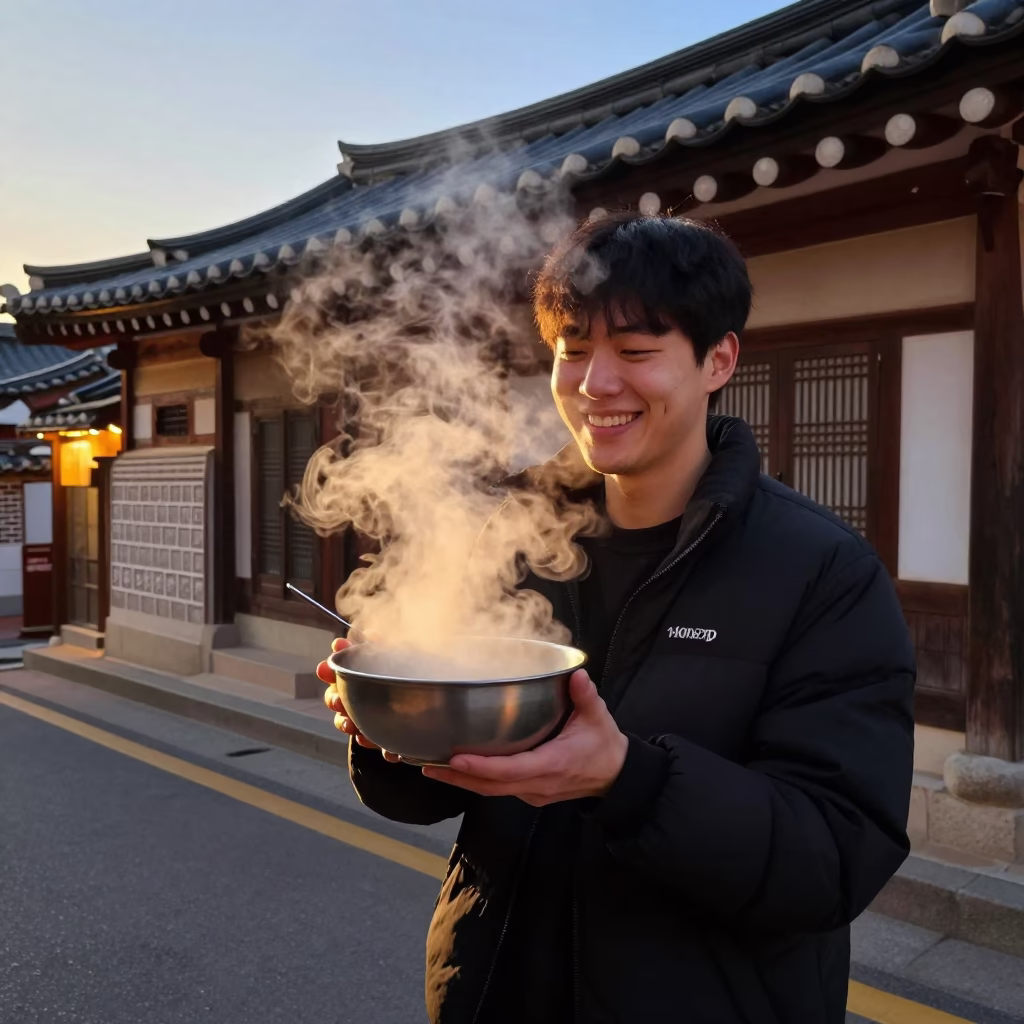 Steam Bowl in Seoul at Honeyed Evening Light in in Seoul, South Korea