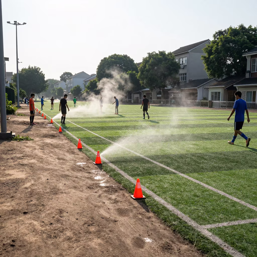 Steam Breath Orange Cones Soccer Village Lane in in a village lane near Wuhan