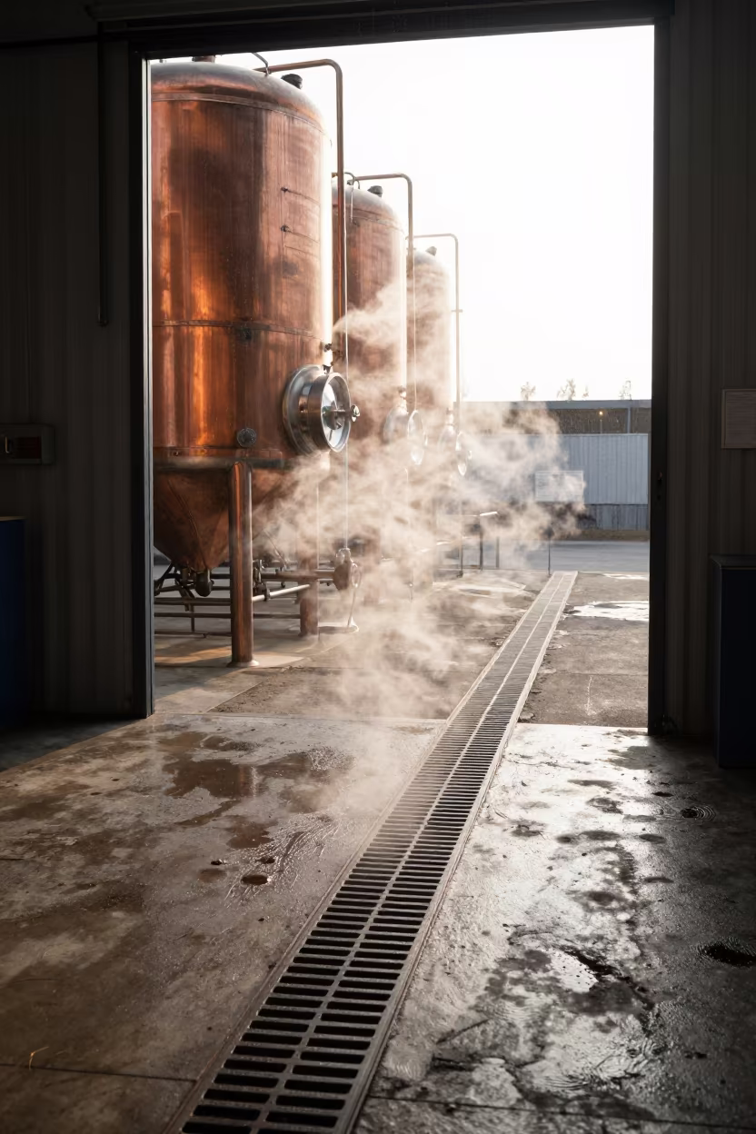 Steam Rising from Brewery Floor Drain in in a machine shop near Bokhtar