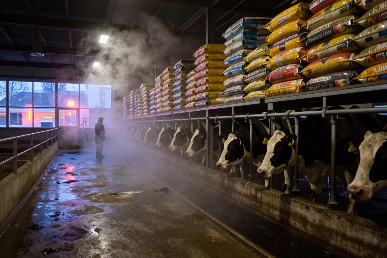 Steam Clouded Drain in Winter Milking Parlor in inside a machine shed with seed bags stacked high in Rahim Yar Khan