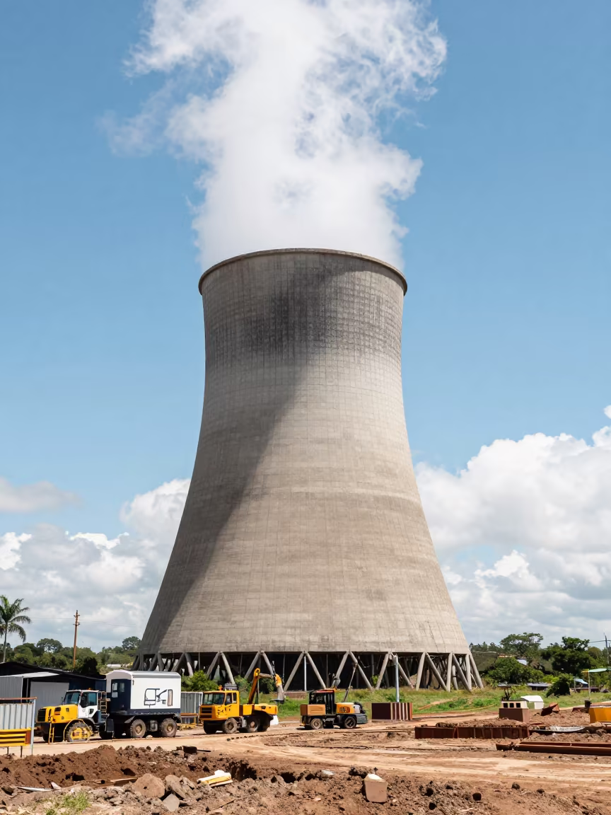 Steam Column Rising from Industrial Cooling Tower in across an active works site near Retalhuleu