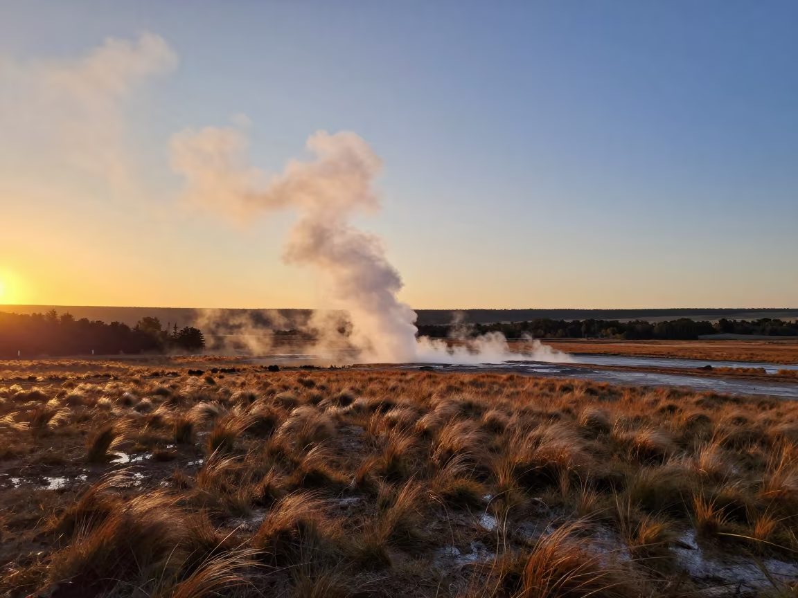 Steam Devil Rising Over Pampas Lake at Sunset in across a wide valley floor in the Pampas