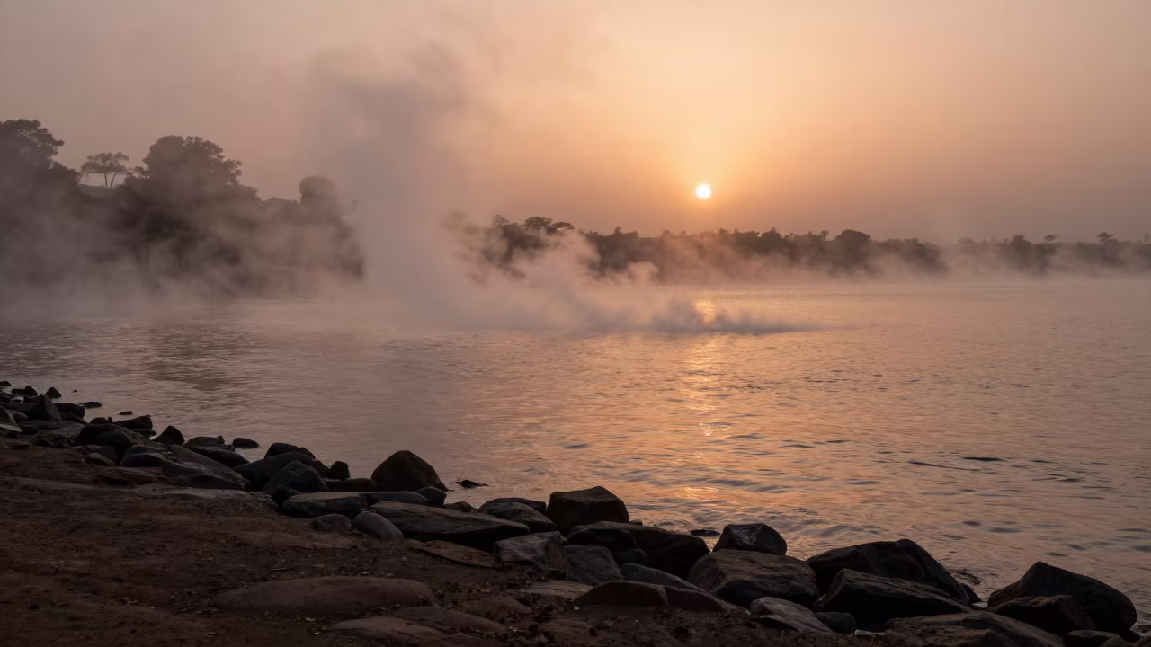 Steam Devil Rising From Lake in Copper Light in along a wave-cut shoreline near Addis Ababa
