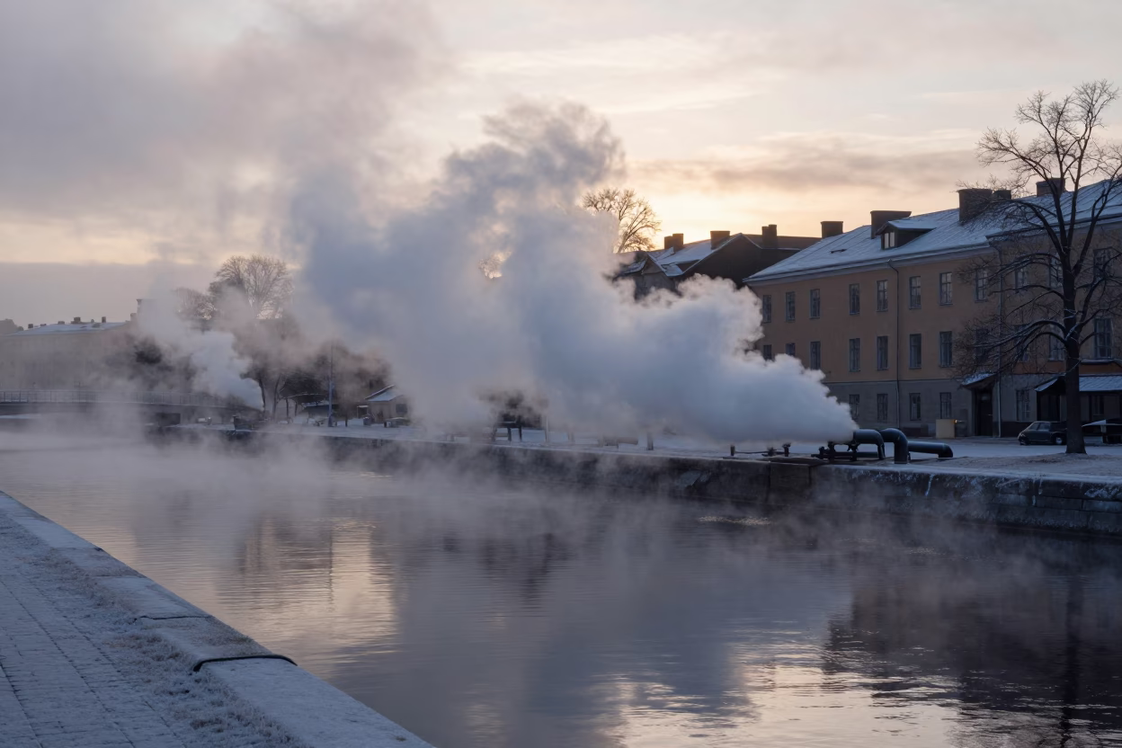 Steam from District Heating Pipes Rising Over Frosty Stockholm Canal at Dawn in in Stockholm, Sweden