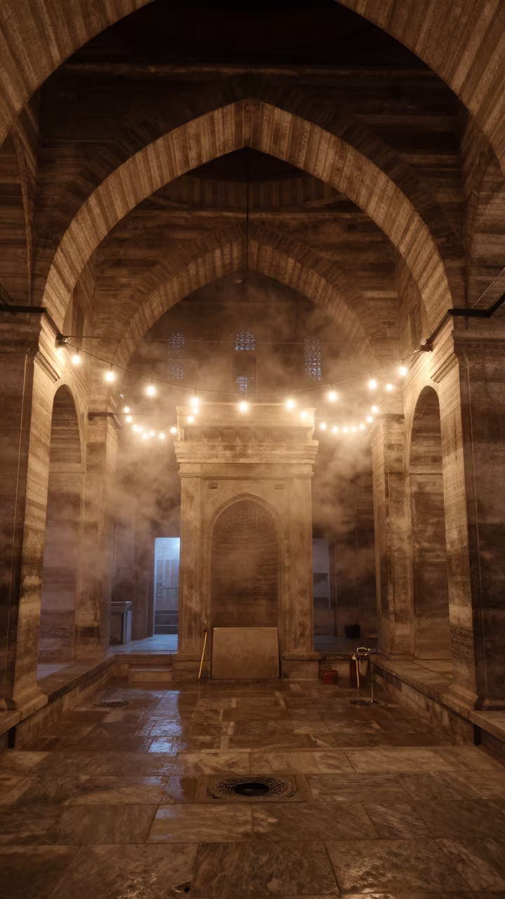 Steamy Hammam Interior with String Lights at Night in inside a ribbed concrete lobby in Istanbul