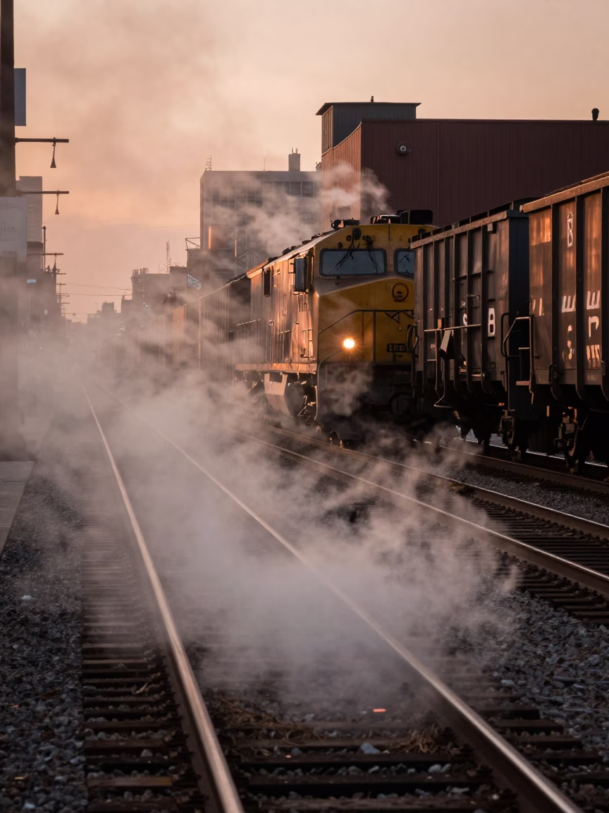Steam Haze Above Rail Tracks Near Chicago Downtown Before Dusk Copper Light in in Chicago, Illinois, United States