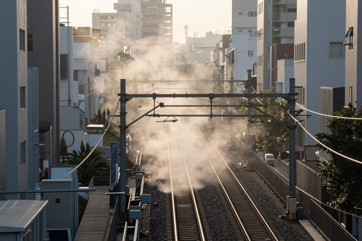 Steam Haze Rising Above Rail Tracks in Osaka Japan Just After Sunrise in in Osaka, Japan