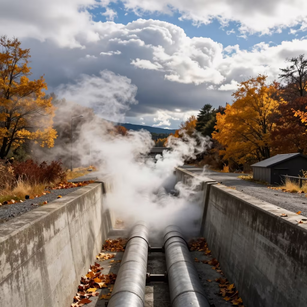 Steam rising from heating pipe trench autumn leaves in along a dam spillway in Patagonia
