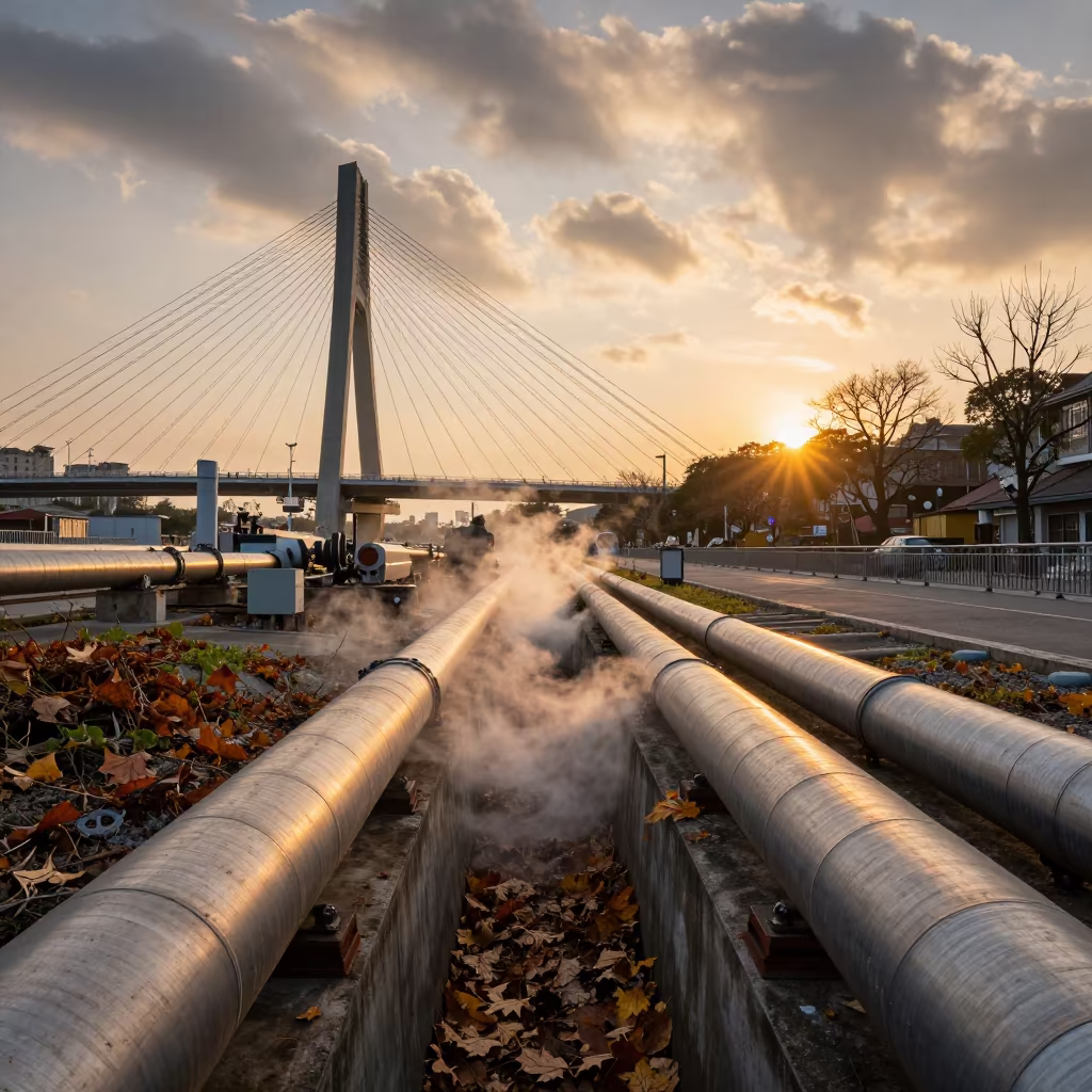 Steam Rising from Heating Pipe Trench in Winter in under a cable-stayed bridge span near Yongkang Street, Taipei