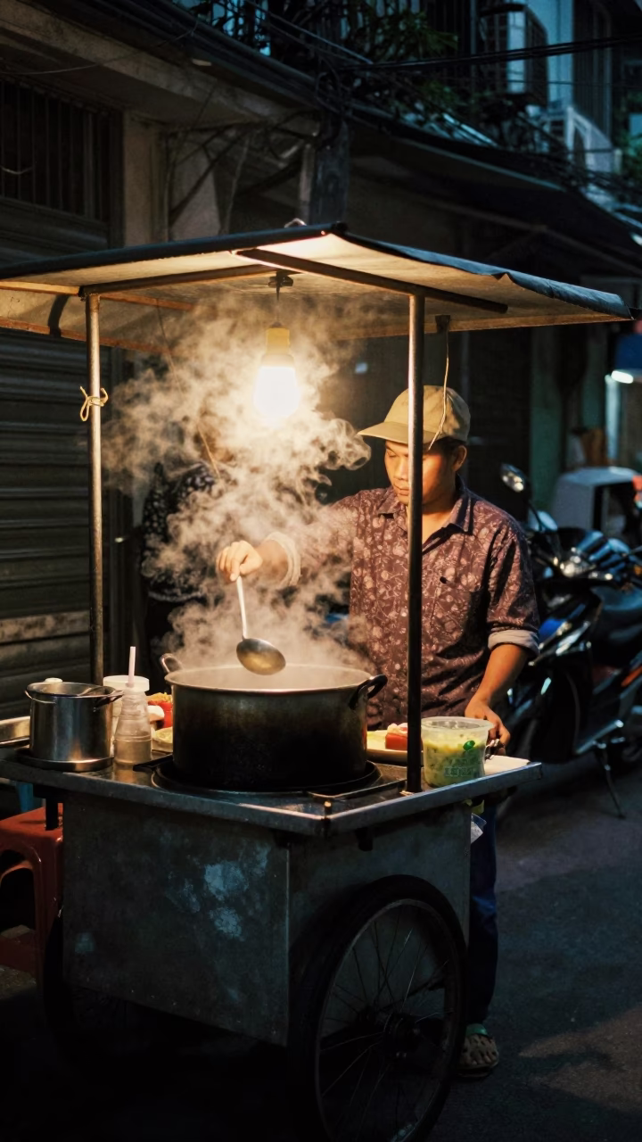 Steam in Hanoi at Deep In The Night Light in in Hanoi, Vietnam