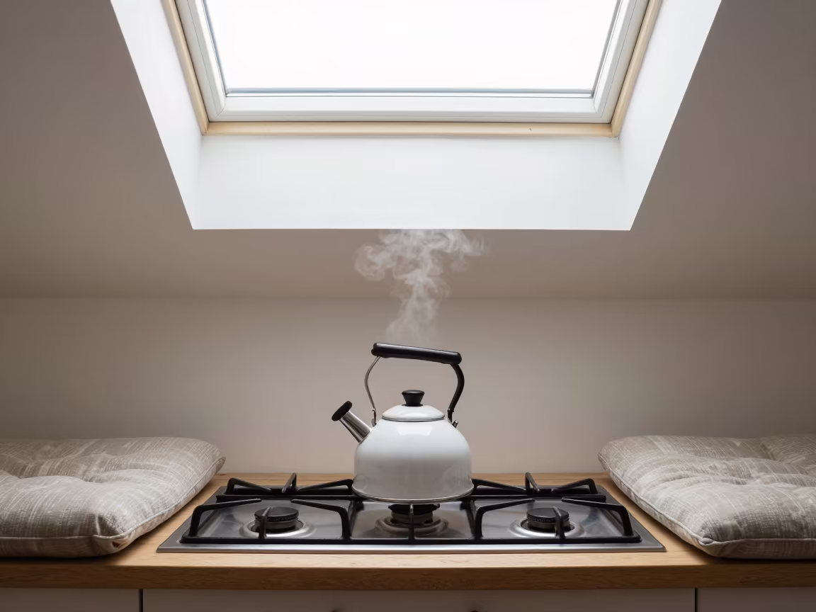 Steam Rising from Kettle on Gas Range in Reading Nook in on a reading nook cushion near Minsk