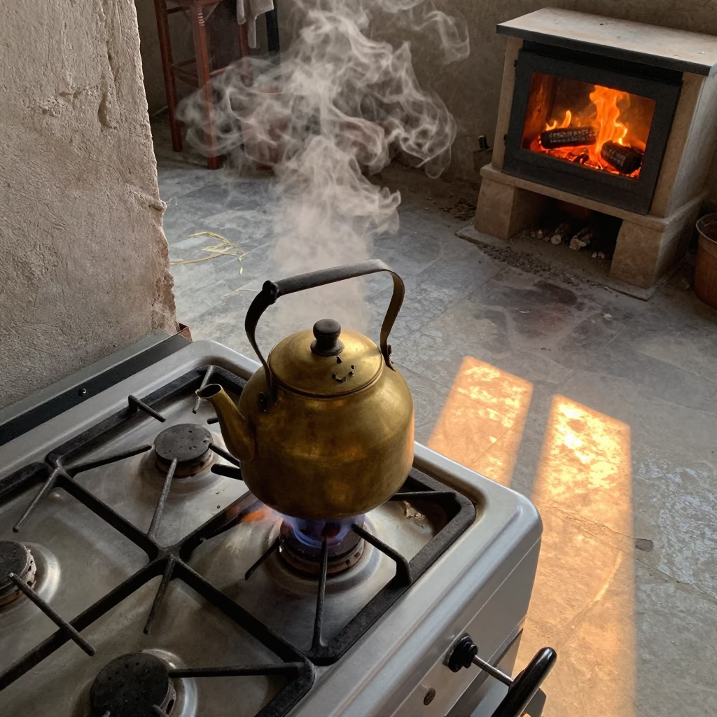 Steam from Kettle on Gas Stove Near Fireplace in by a crackling fireplace in Rawalpindi