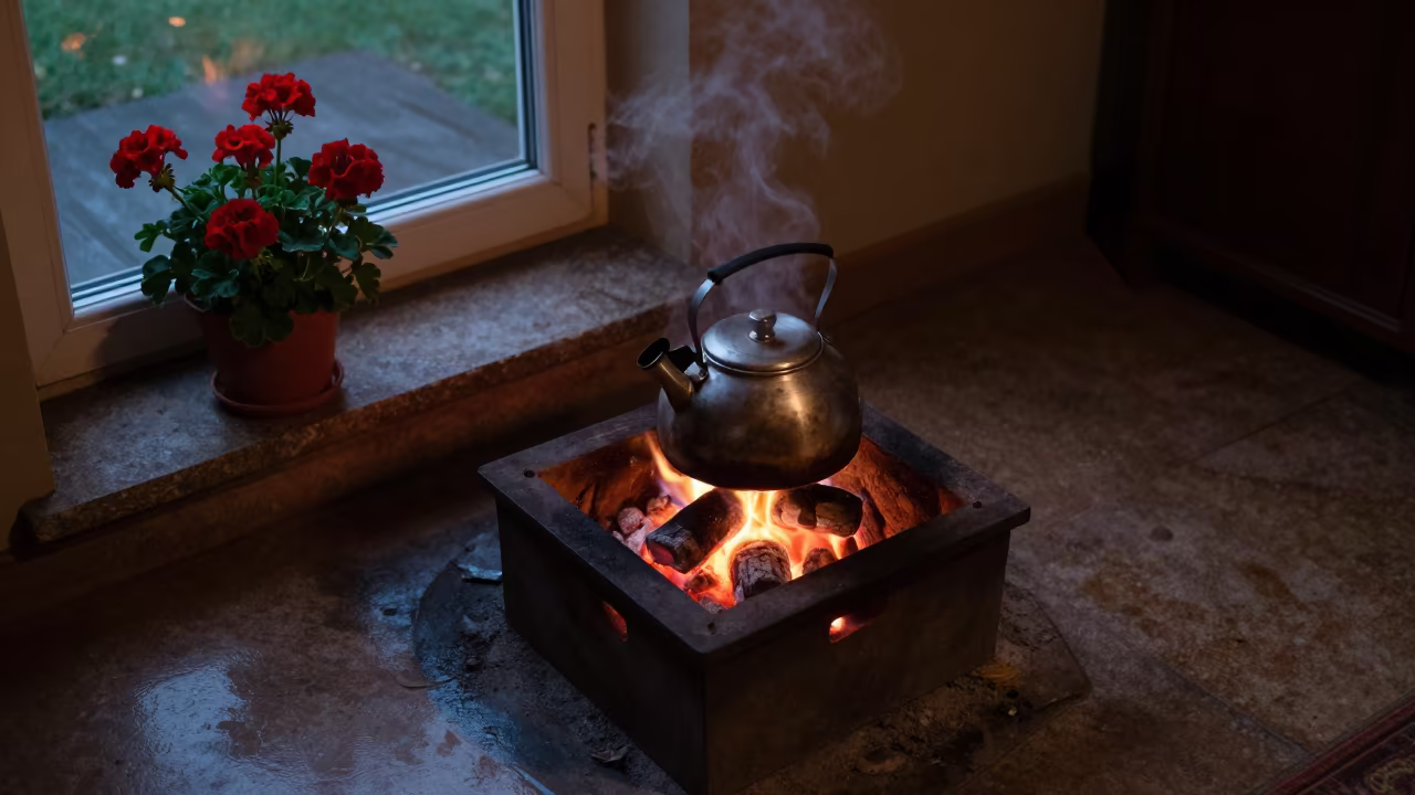 Steam Rising From Kettle Near Geraniums in by a crackling fireplace in Tete